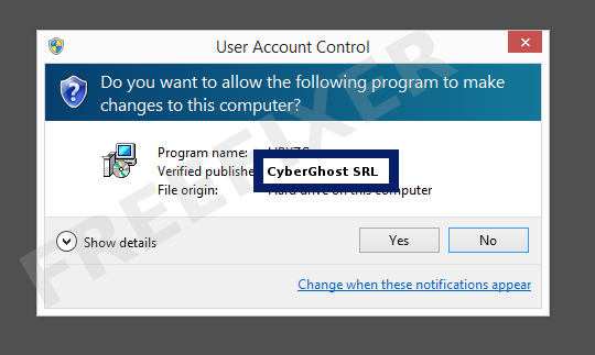 Screenshot where CyberGhost SRL appears as the verified publisher in the UAC dialog